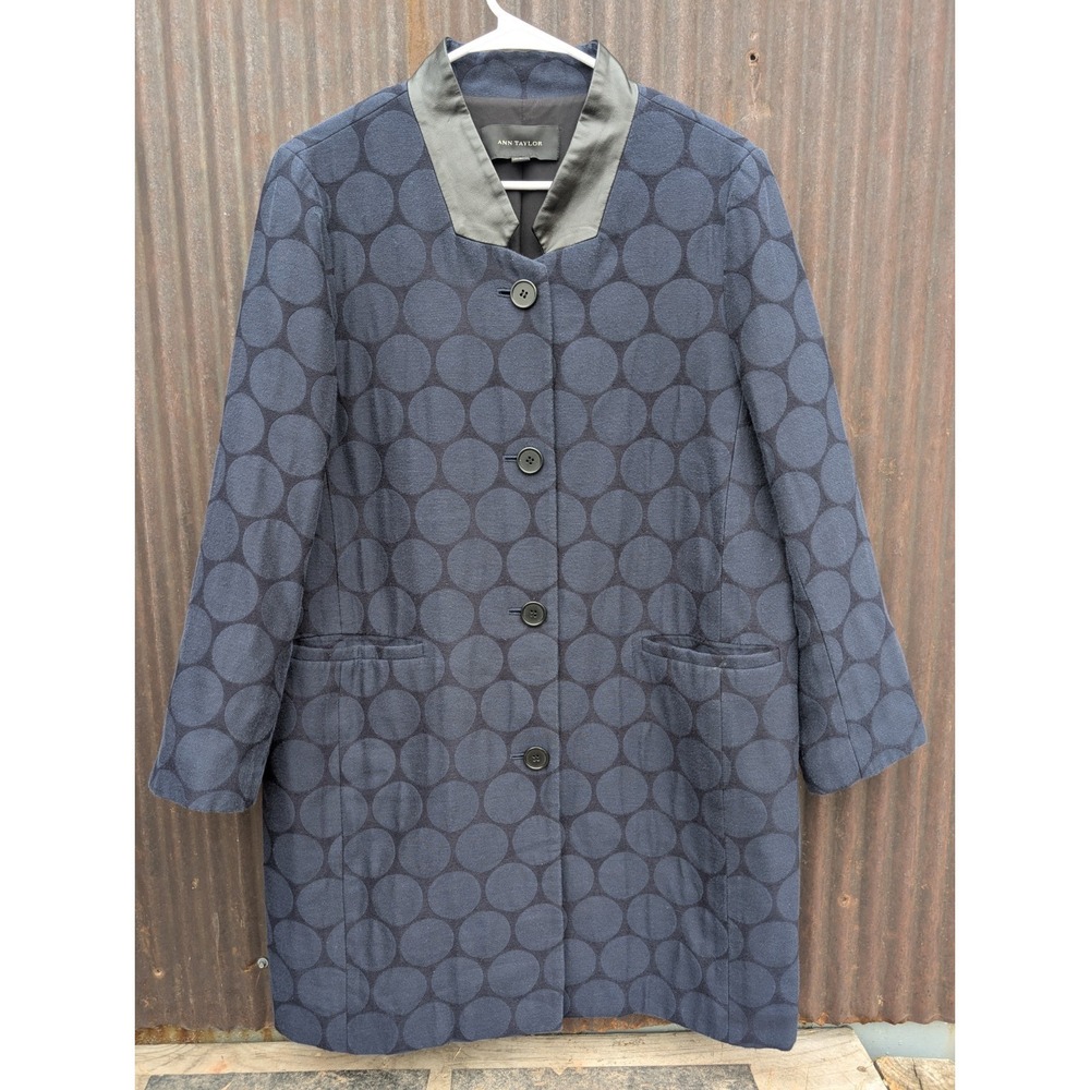 Ann Taylor Polka Dot Coat Size Large Navy Blue Black‎ Jacket Mod Twee Classic